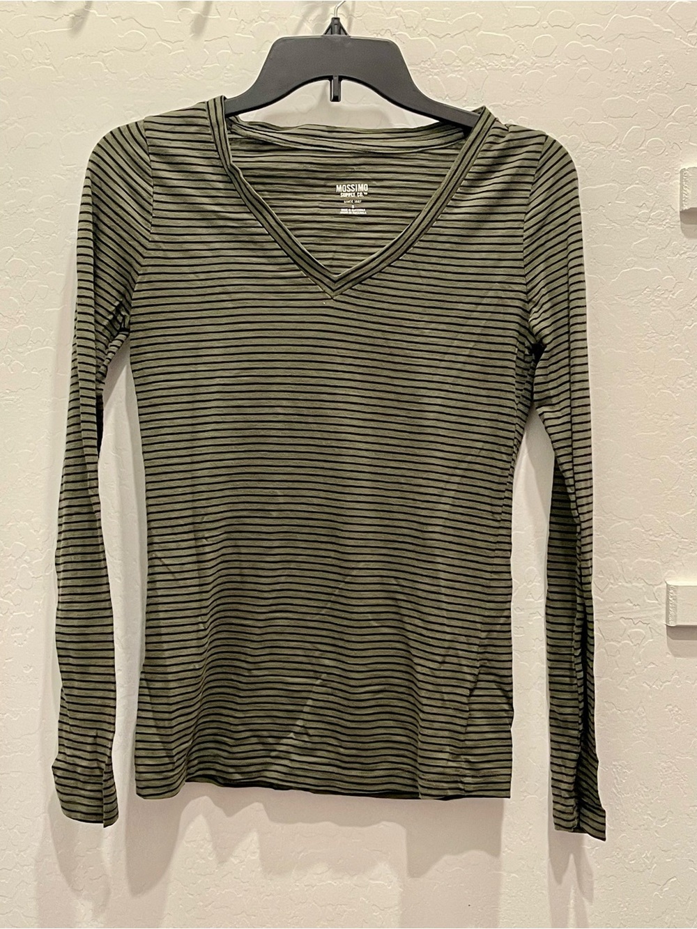 Mossimo Supply Co. Olive and Black Striped V-Neck Long Sleeve Top